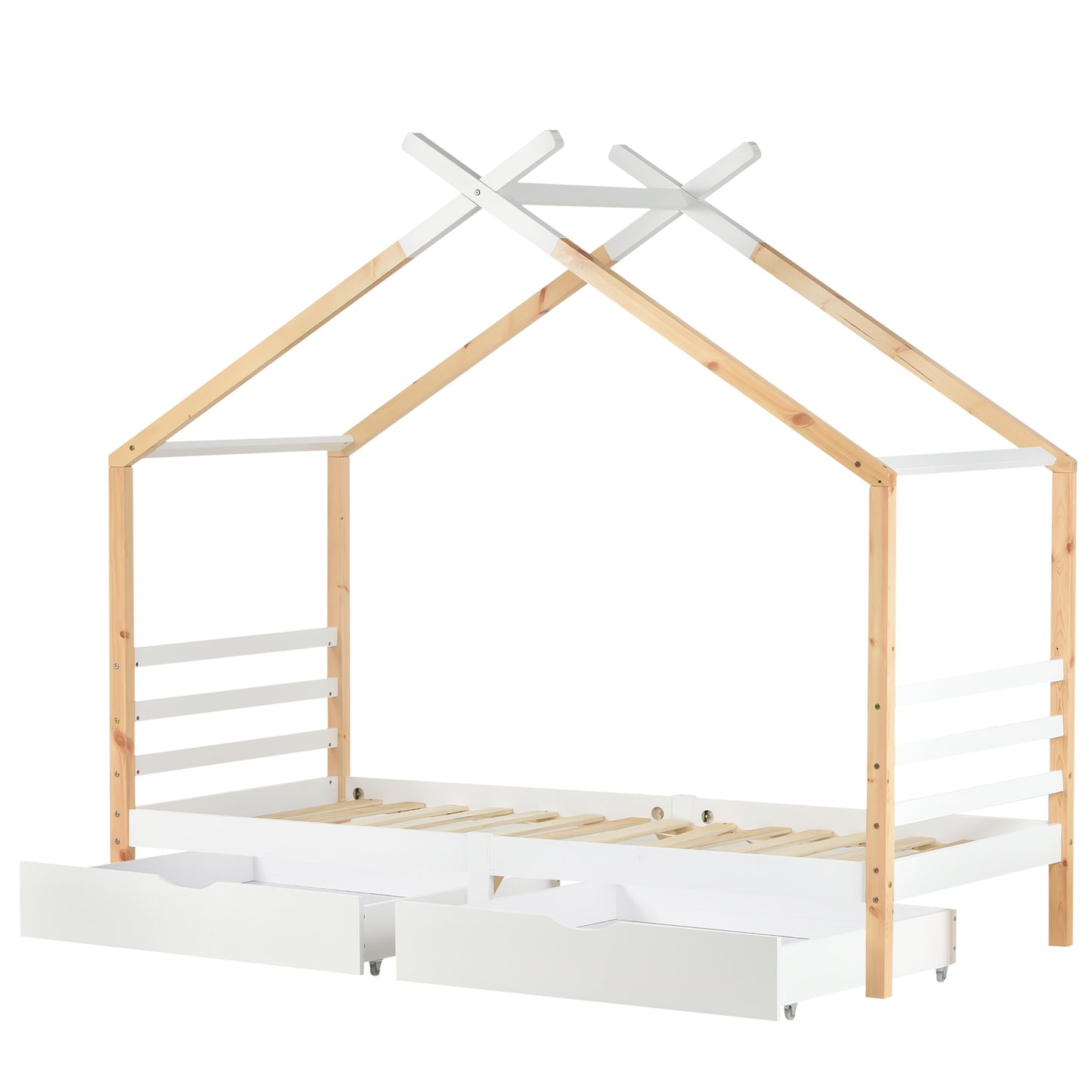[NEW Arrival] Wooden Single Cabin Bed, House Bed with Two Storage Drawers, Playhouse Bed with Roof for Children Girls and Boys, 190*90 in Natural and White, Easy Assembly