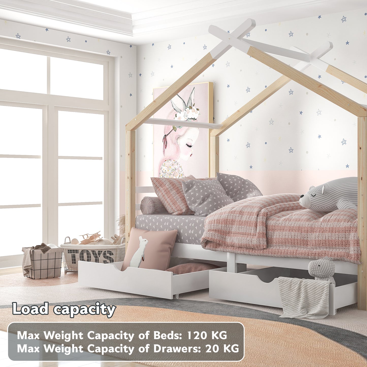 [NEW Arrival] Wooden Single Cabin Bed, House Bed with Two Storage Drawers, Playhouse Bed with Roof for Children Girls and Boys, 190*90 in Natural and White, Easy Assembly