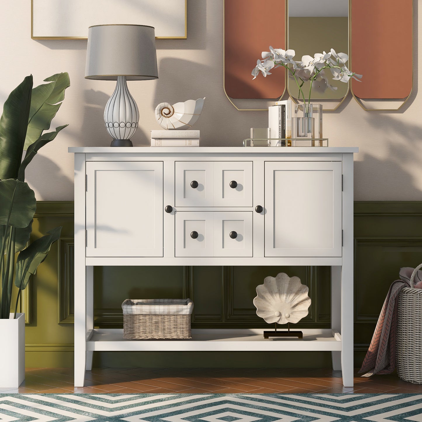 Hallway White Wooden Table with 3 big functional drawers and a fixed lower shelf