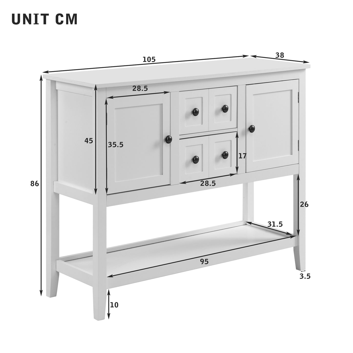 Hallway White Wooden Table with 3 big functional drawers and a fixed lower shelf