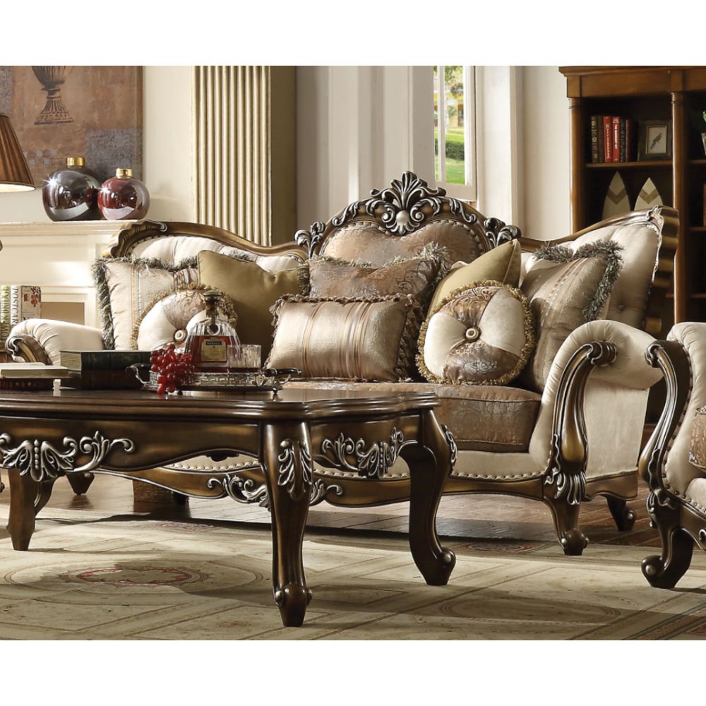Latisha Sofa w/6 Pillows in Tan, Pattern Fabric & Antique Oak 52115