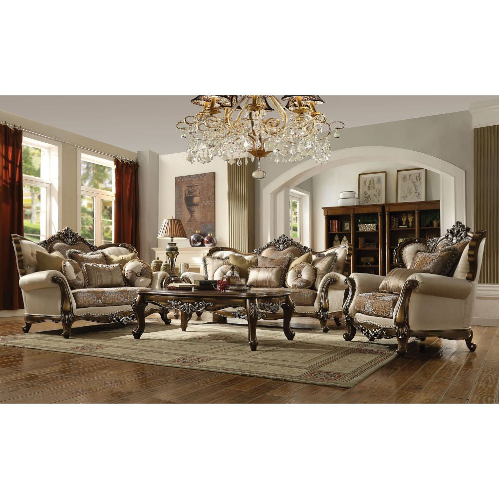 Latisha Sofa w/6 Pillows in Tan, Pattern Fabric & Antique Oak 52115