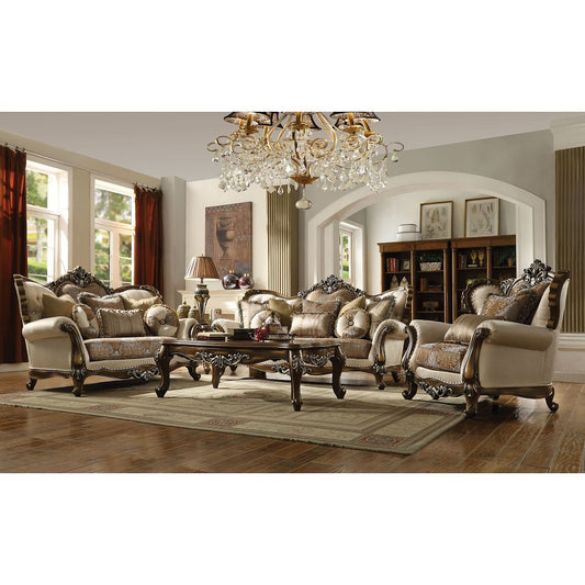 Latisha Sofa w/6 Pillows in Tan, Pattern Fabric & Antique Oak 52115