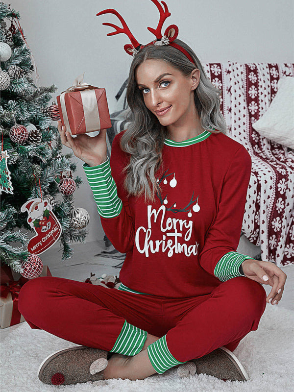 Women's Christmas Graphic Printed Striped Panel Home Set