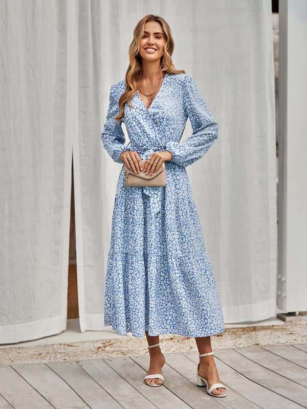 Women's casual long sleeve waist bound Printed Dress