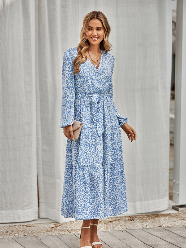Women's casual long sleeve waist bound Printed Dress