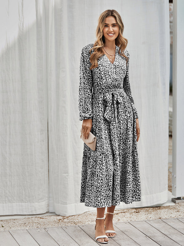 Women's casual long sleeve waist bound Printed Dress