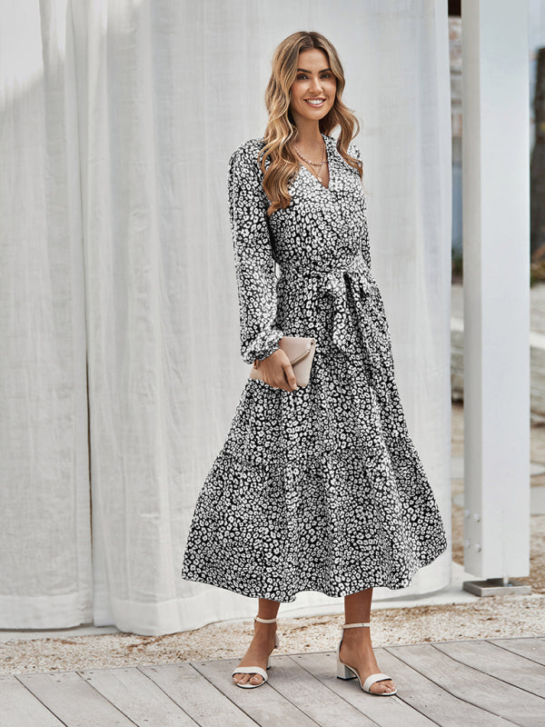 Women's casual long sleeve waist bound Printed Dress