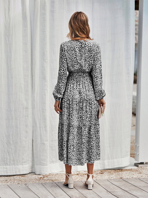 Women's casual long sleeve waist bound Printed Dress