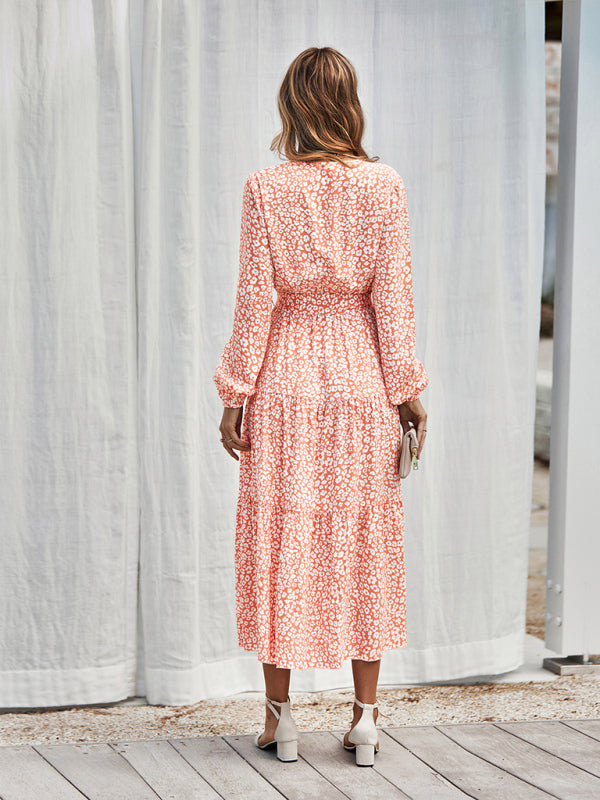 Women's casual long sleeve waist bound Printed Dress