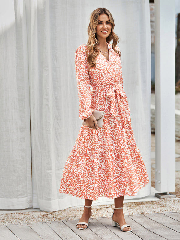 Women's casual long sleeve waist bound Printed Dress