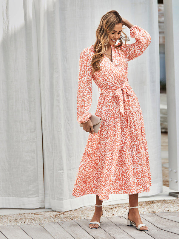 Women's casual long sleeve waist bound Printed Dress