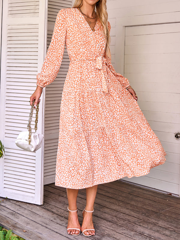Women's casual long sleeve waist bound Printed Dress