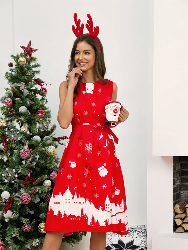 Women's Crew Neck Sleeveless Christmas Print Dress